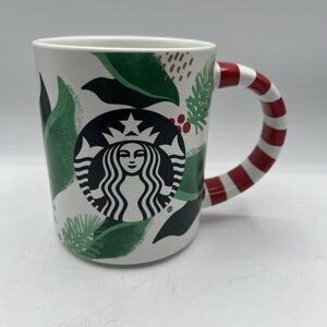 2019 Starbucks Christmas Holiday Holly Candy Cane Striped Handle Coffee Mug 12oz